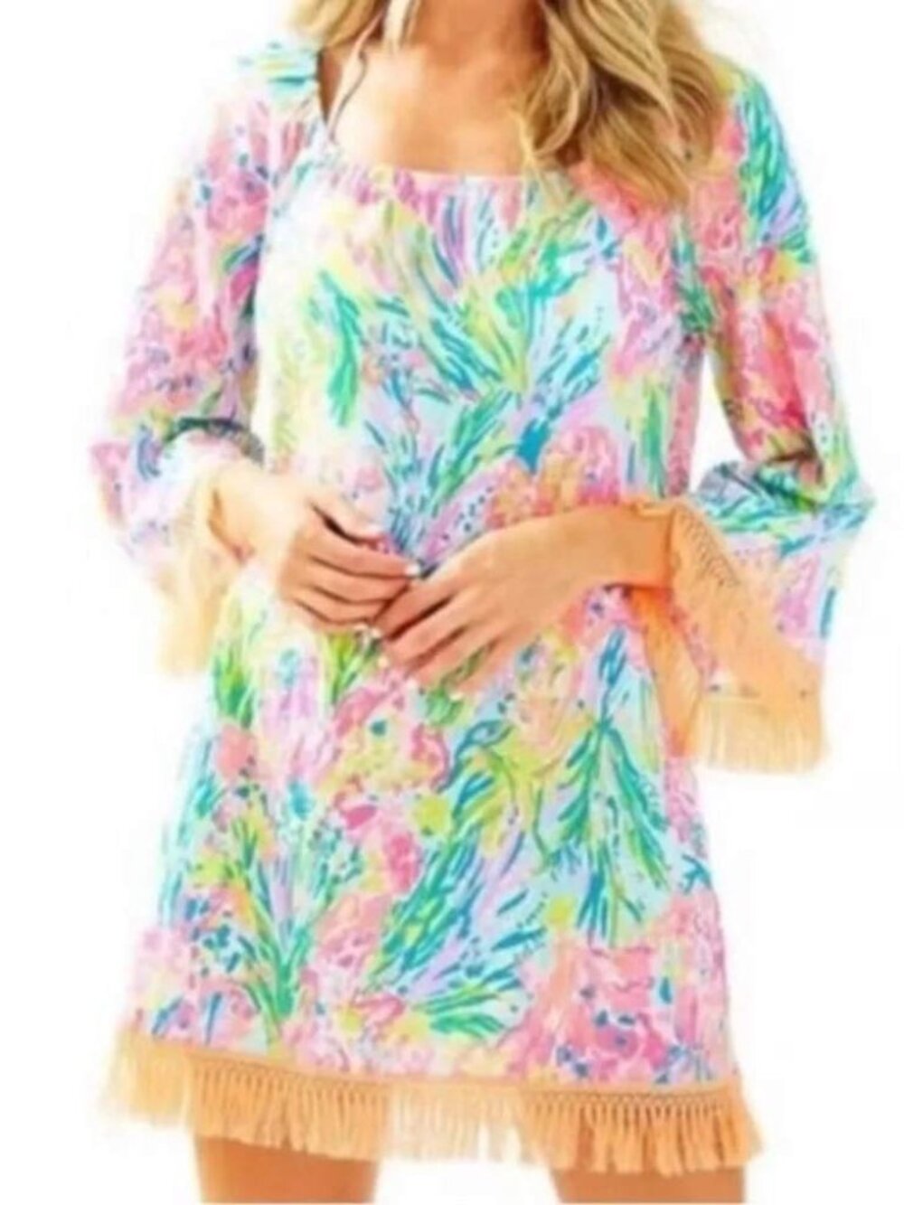 Lilly Pulitzer 100% Linen Getaway Cover Up Sz XS Fan Sea Print Tropical Fringe